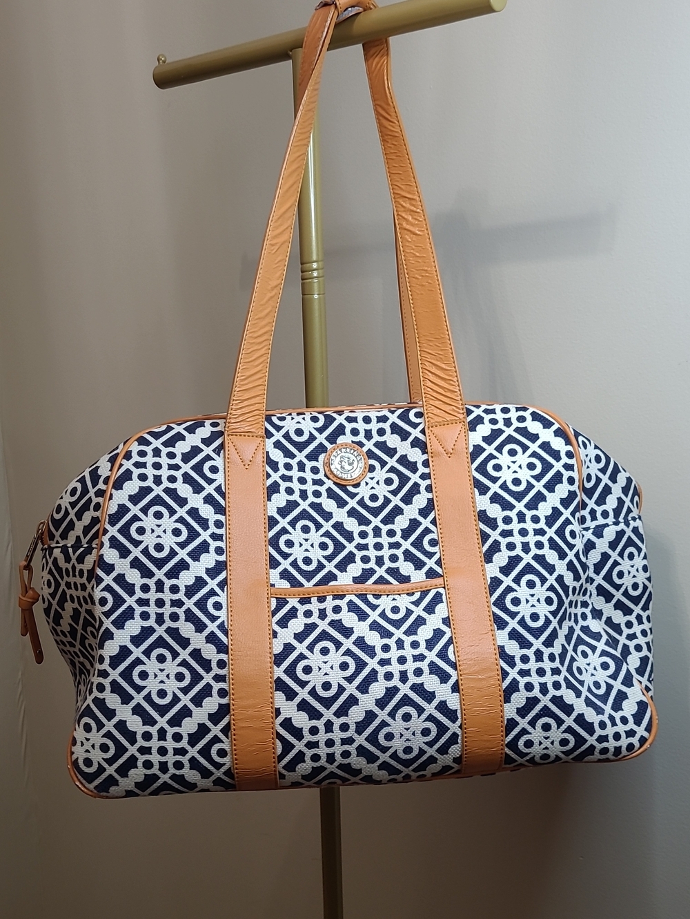 Spartina 449 Navy Patterned Travel Tote with Tan Trim